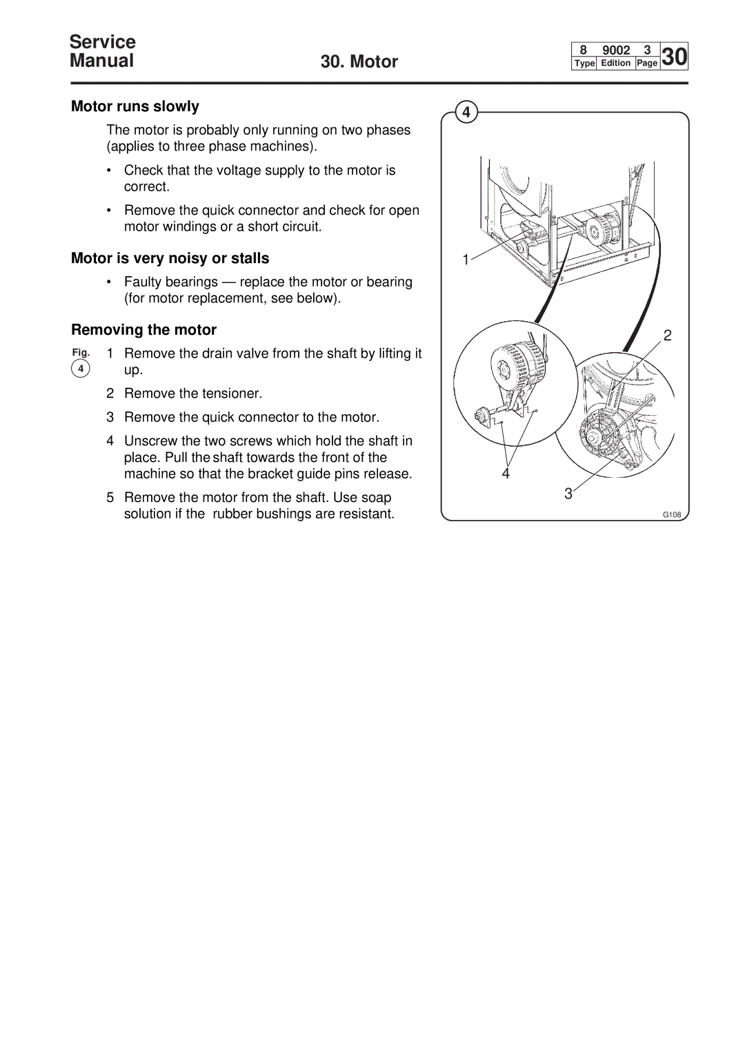 Electrolux W75, W160, W100, W230 service manual Motor runs slowly, Motor is very noisy or stalls, Removing the motor 