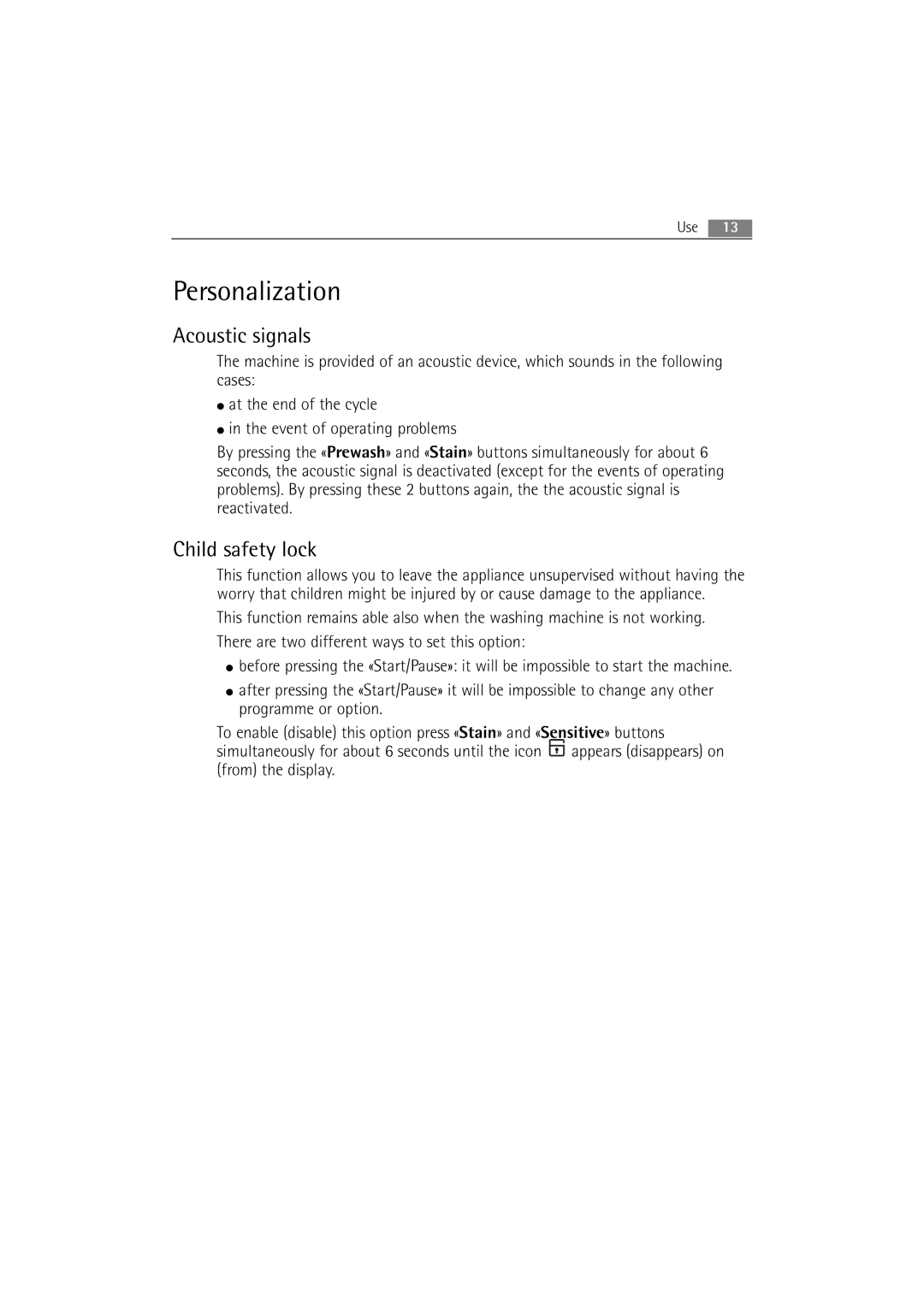 Electrolux WA GLE S7000 user manual Personalization, Acoustic signals, Child safety lock 