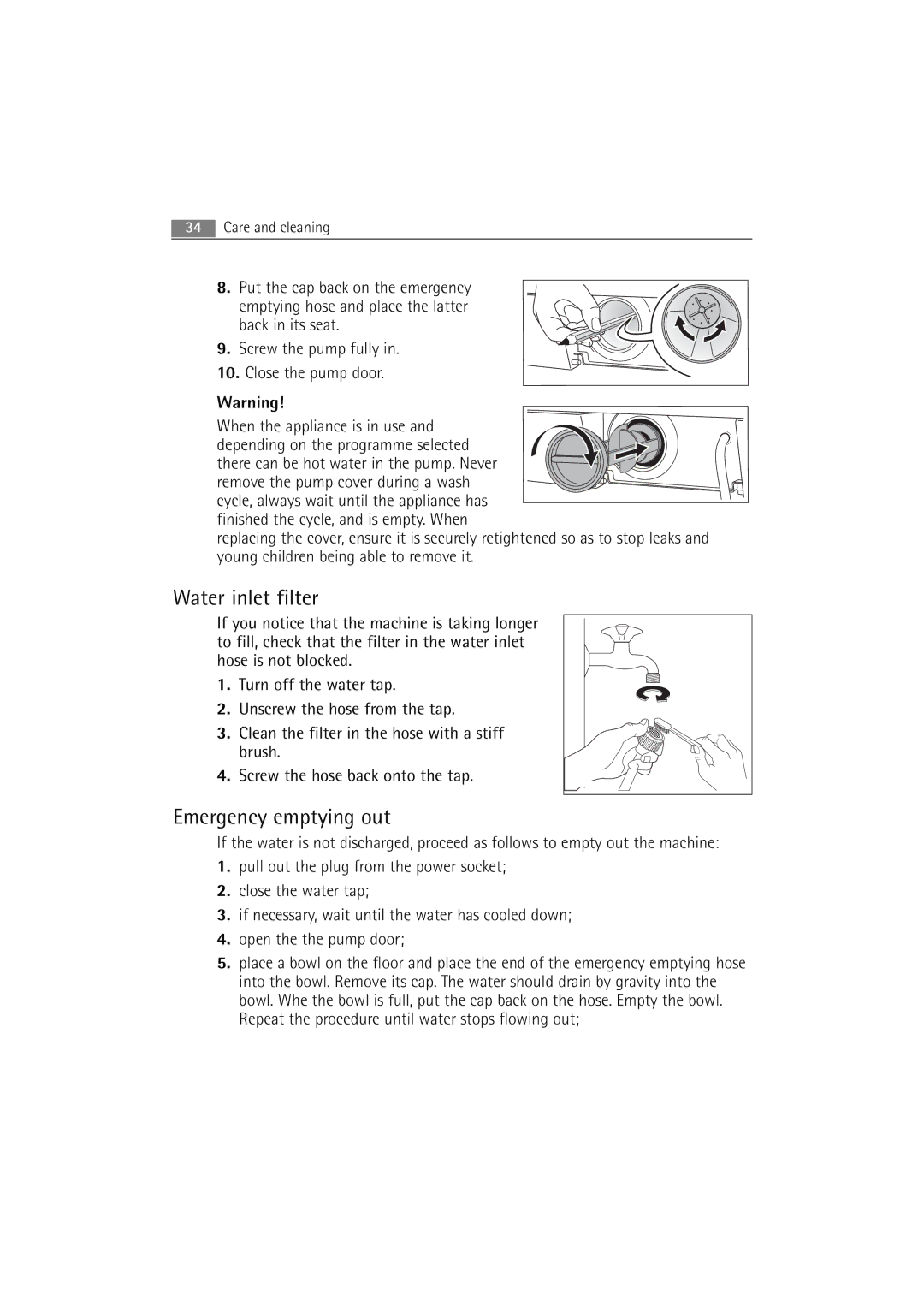 Electrolux WA GLE S7000 user manual Water inlet filter, Emergency emptying out 