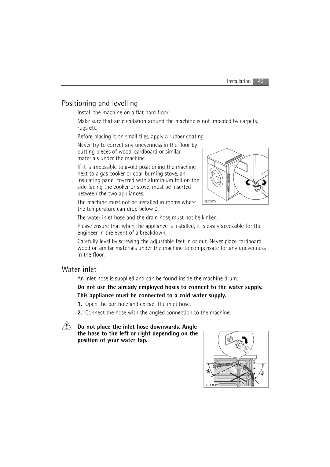 Electrolux WA GLE S7000 user manual Positioning and levelling, Water inlet 