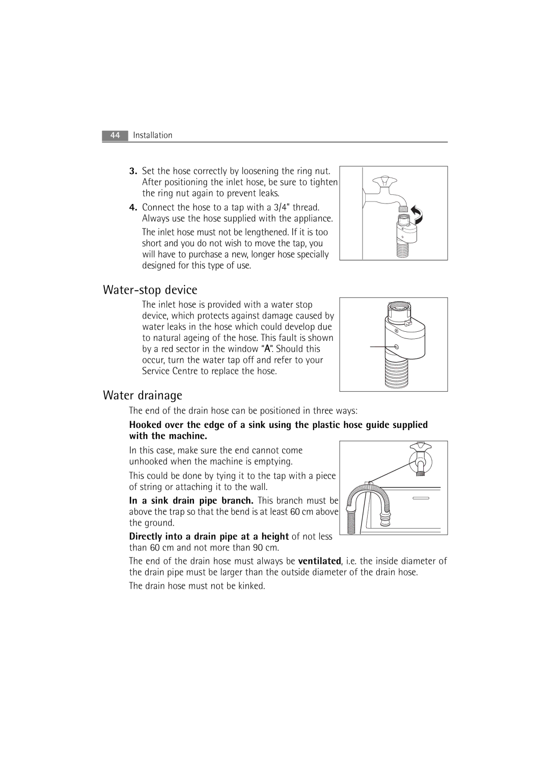 Electrolux WA GLE S7000 user manual Water-stop device, Water drainage 