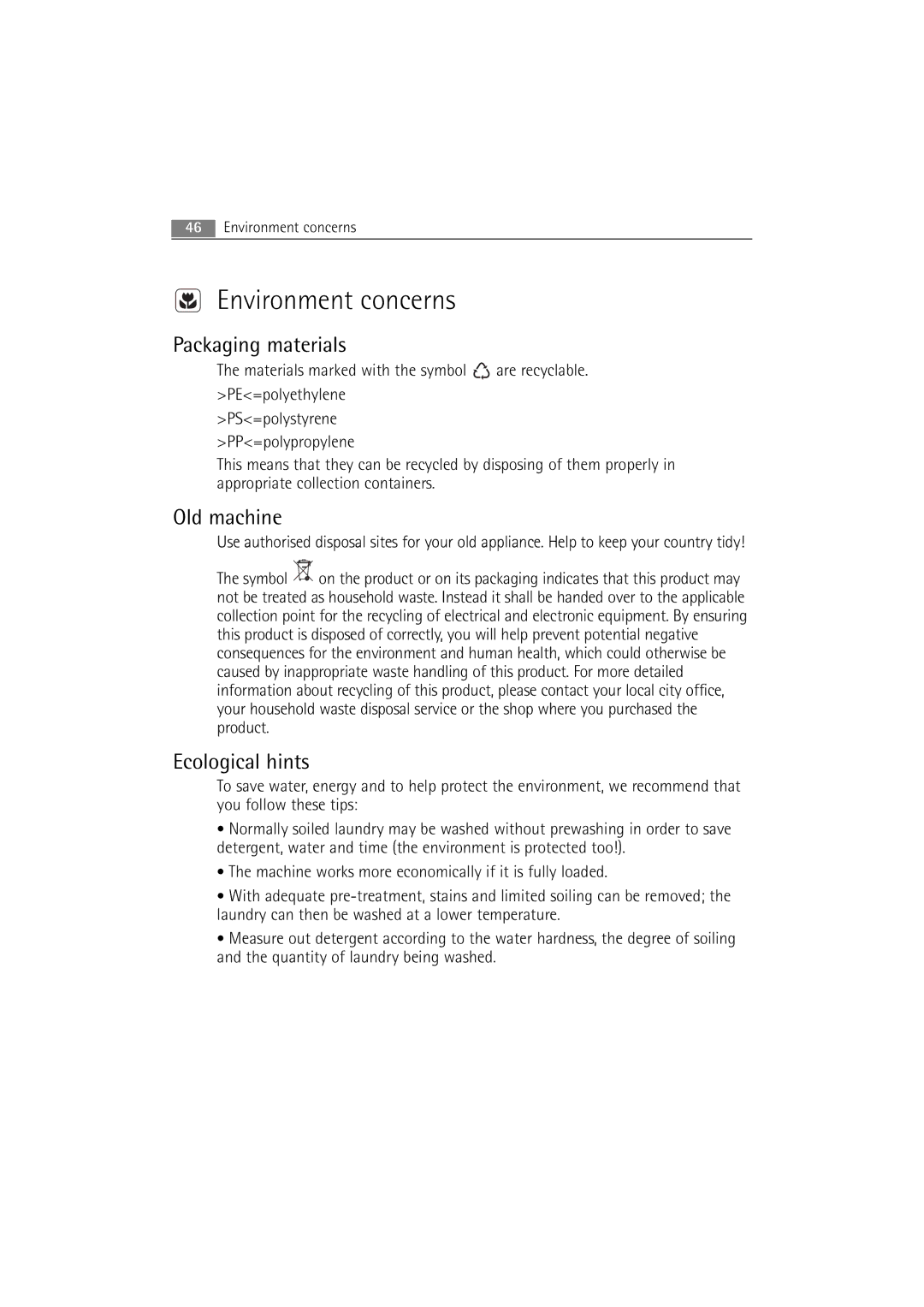 Electrolux WA GLE S7000 user manual Environment concerns, Packaging materials, Old machine, Ecological hints 