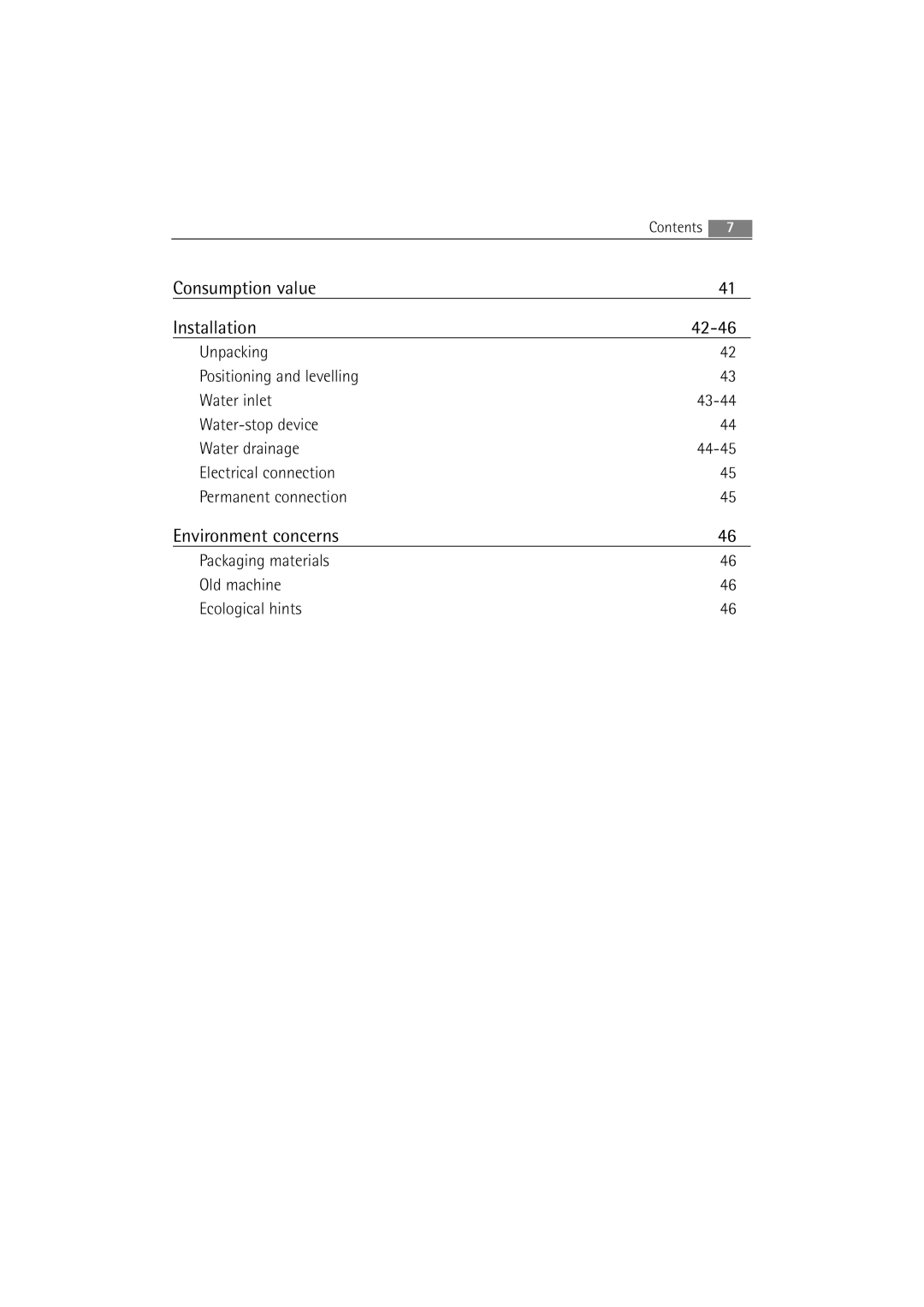 Electrolux WA GLE S7000 user manual Consumption value Installation 42-46, Environment concerns 