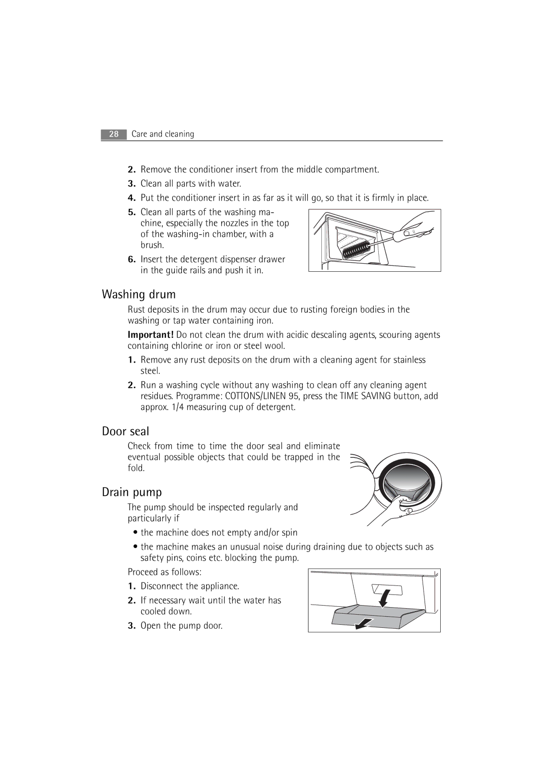 Electrolux WA L4 E100, WA L6 E100, WA L2 E100 user manual Washing drum, Door seal, Drain pump 