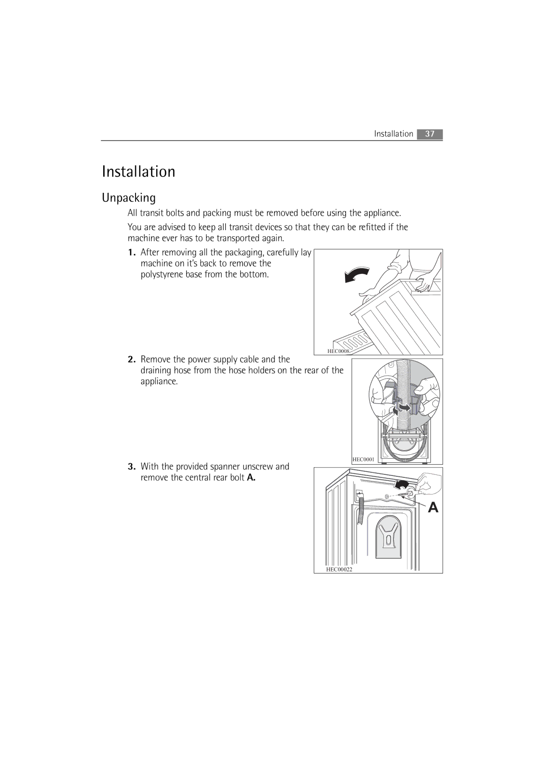 Electrolux WA L4 E100, WA L6 E100, WA L2 E100 user manual Installation, Unpacking 