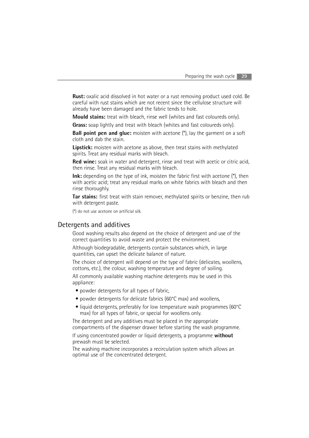 Electrolux WA SL1 E100 user manual Detergents and additives 