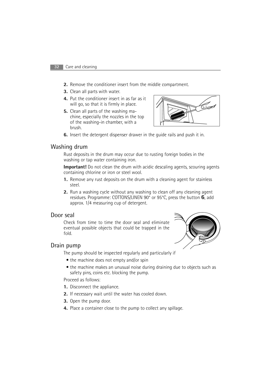 Electrolux WA SL1 E100 user manual Washing drum, Door seal, Drain pump 