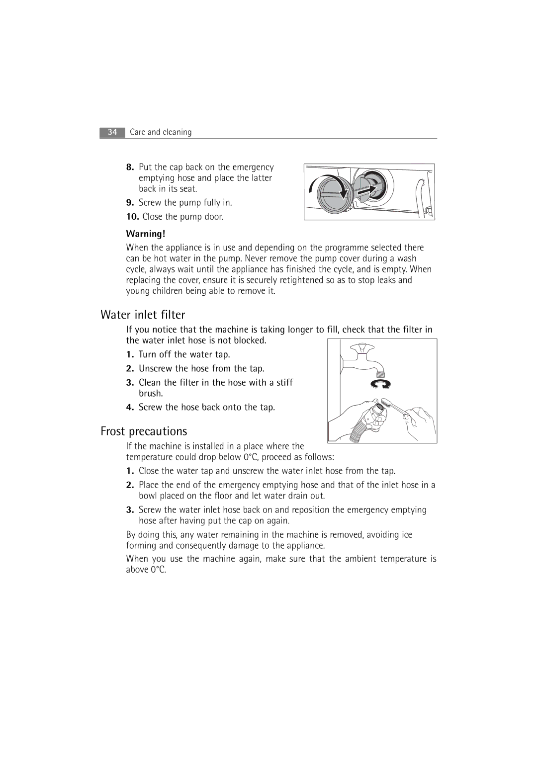 Electrolux WA SL1 E100 user manual Water inlet filter, Frost precautions 