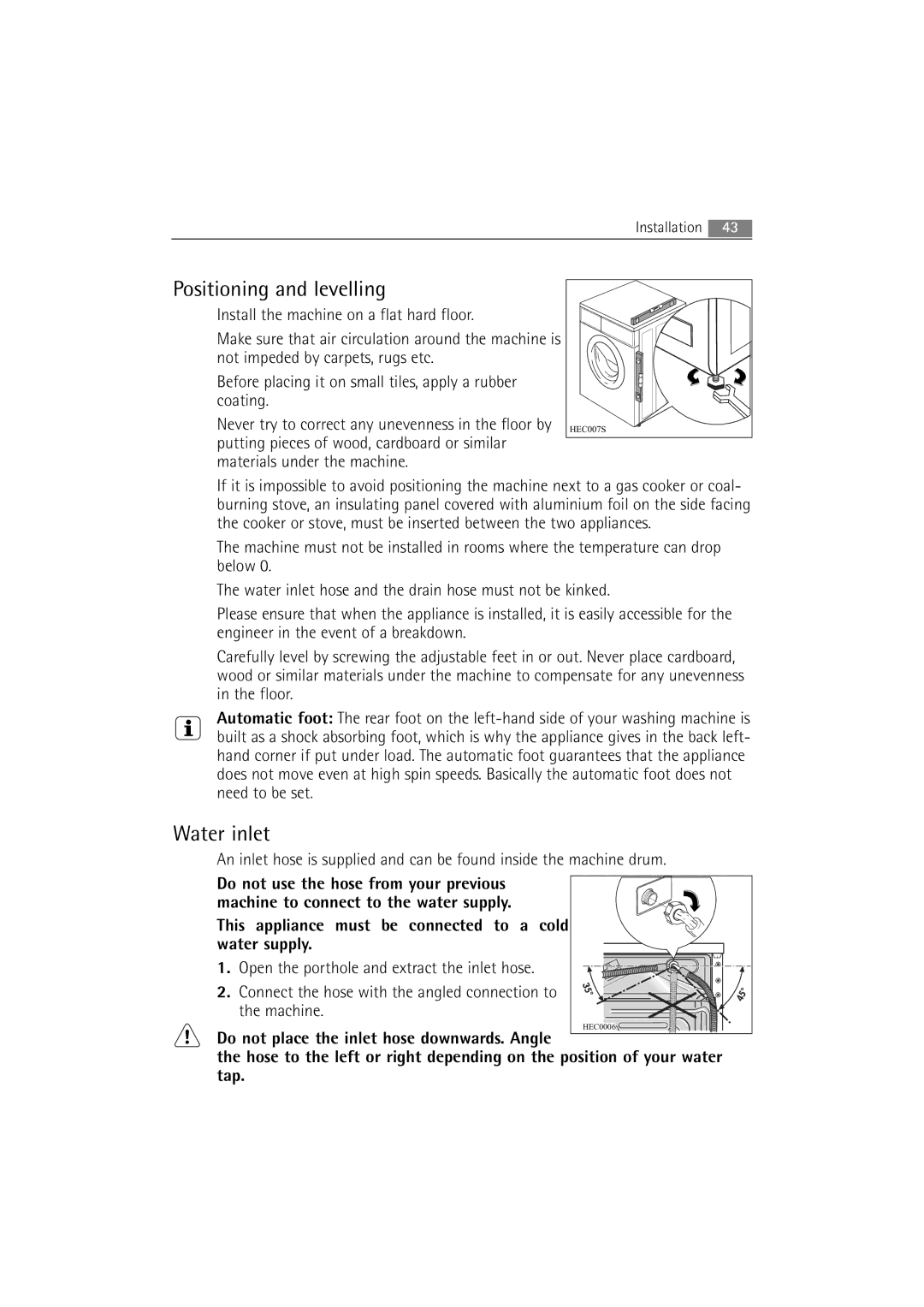 Electrolux WA SL1 E100 user manual Positioning and levelling, Water inlet 