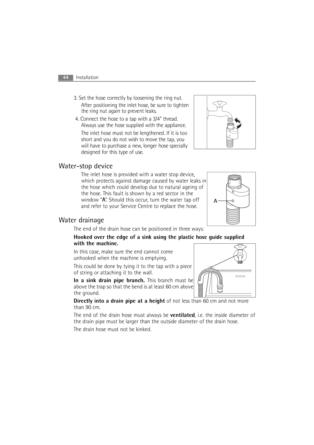 Electrolux WA SL1 E100 user manual Water-stop device, Water drainage 