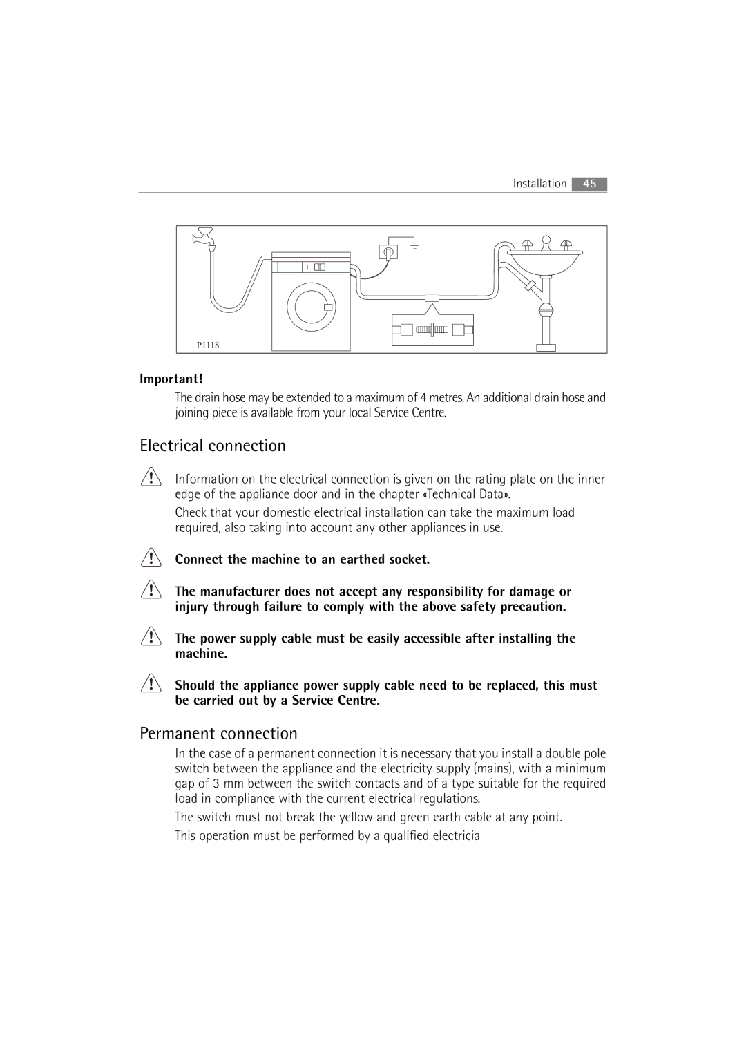 Electrolux WA SL1 E100 user manual Electrical connection, Permanent connection 