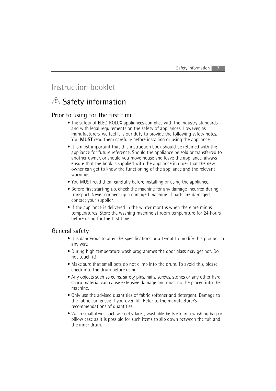 Electrolux WA SL1 E100 user manual Safety information, Prior to using for the first time, General safety 