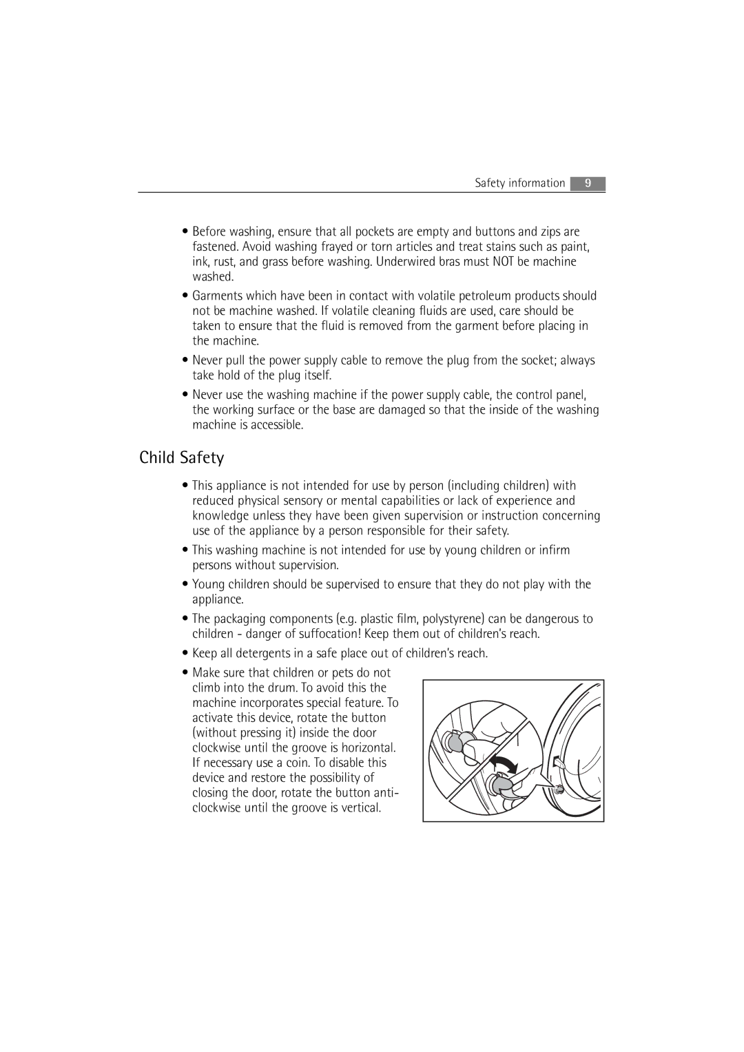 Electrolux WA SL1 E100 user manual Child Safety, Keep all detergents in a safe place out of children’s reach 