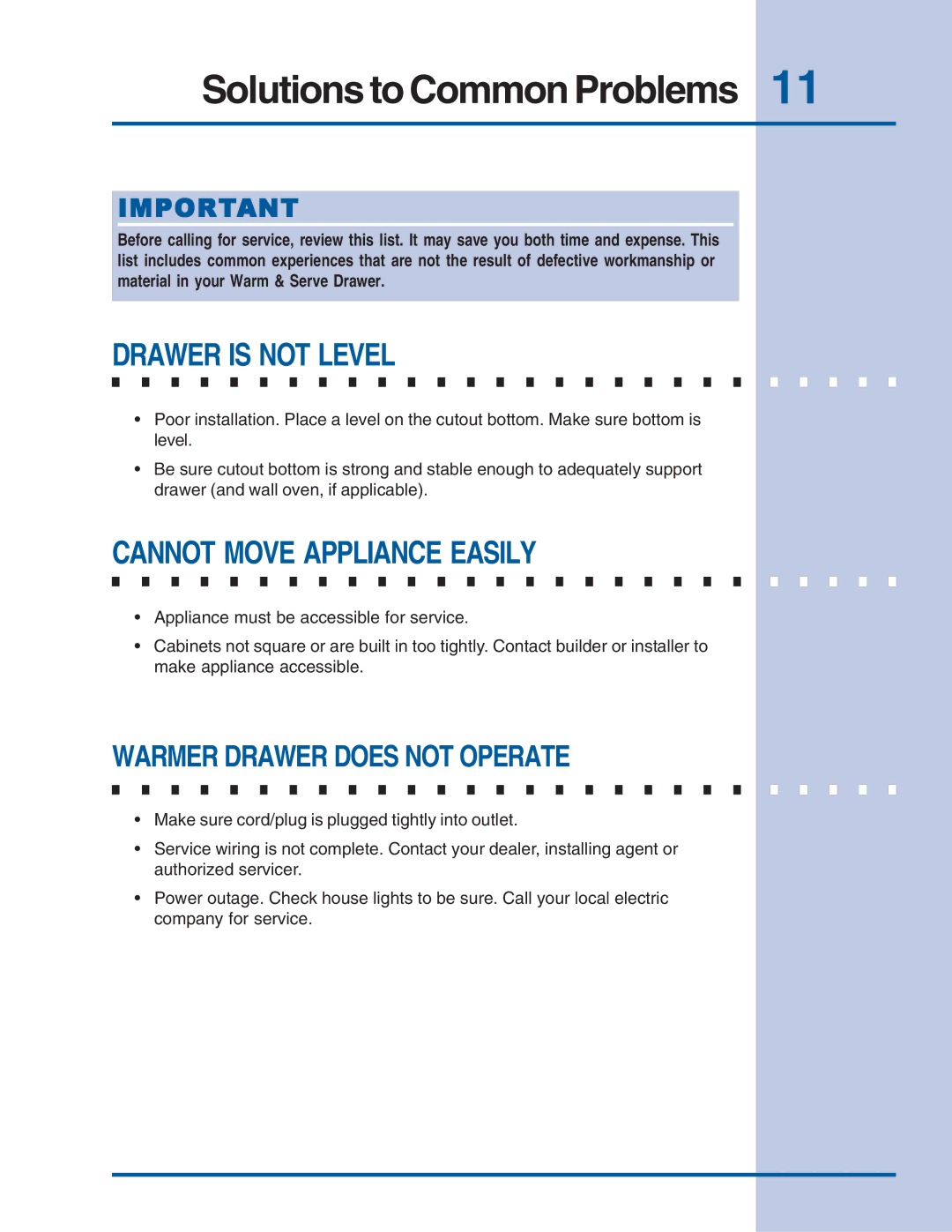 Electrolux Warm & Serve Drawer manual Solutions to Common Problems, Drawer is not Level, Cannot Move Appliance Easily 