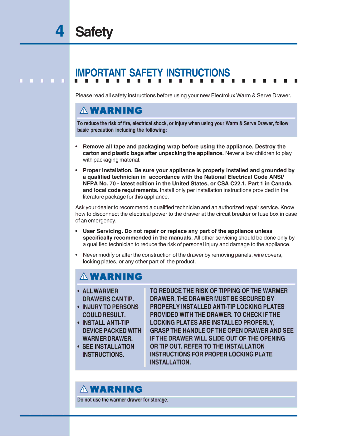 Electrolux Warm & Serve Drawer manual Important Safety Instructions, Do not use the warmer drawer for storage 