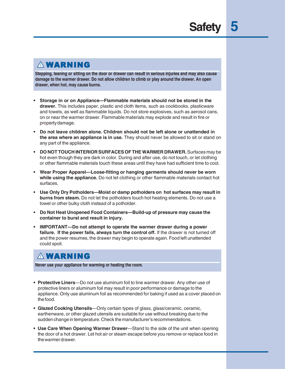 Electrolux Warm & Serve Drawer manual Safety 