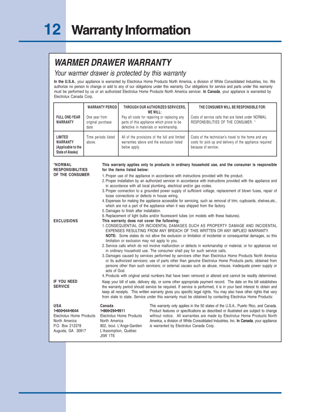 Electrolux Warm & Serve Drawer manual Warranty Information, Warmer Drawer Warranty 