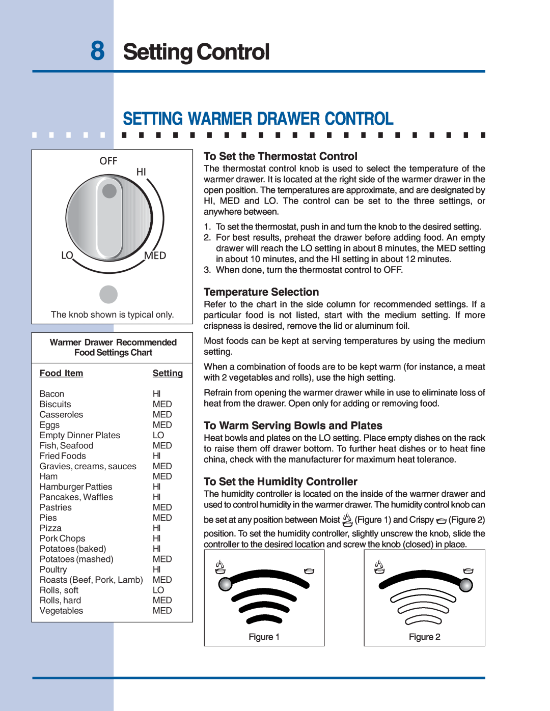 Electrolux Warm & Serve Drawer manual Setting Control, To Set the Thermostat Control, Temperature Selection 
