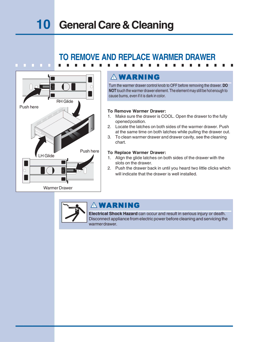 Electrolux manual To Remove and Replace Warmer Drawer, To Remove Warmer Drawer, To Replace Warmer Drawer 