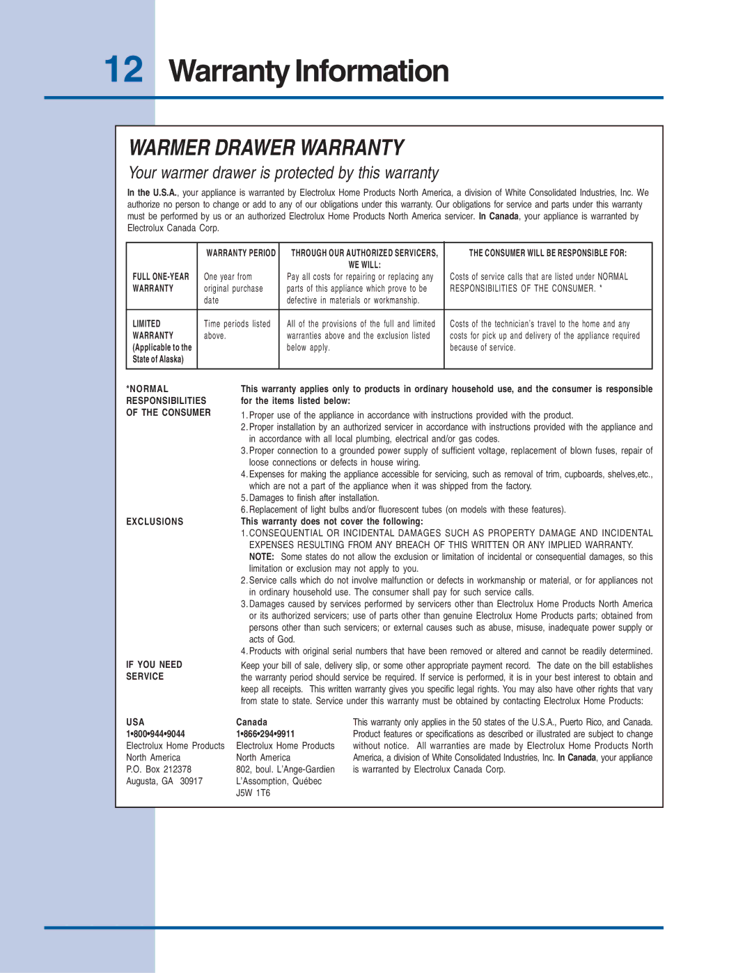 Electrolux manual Warranty Information, Warmer Drawer Warranty 