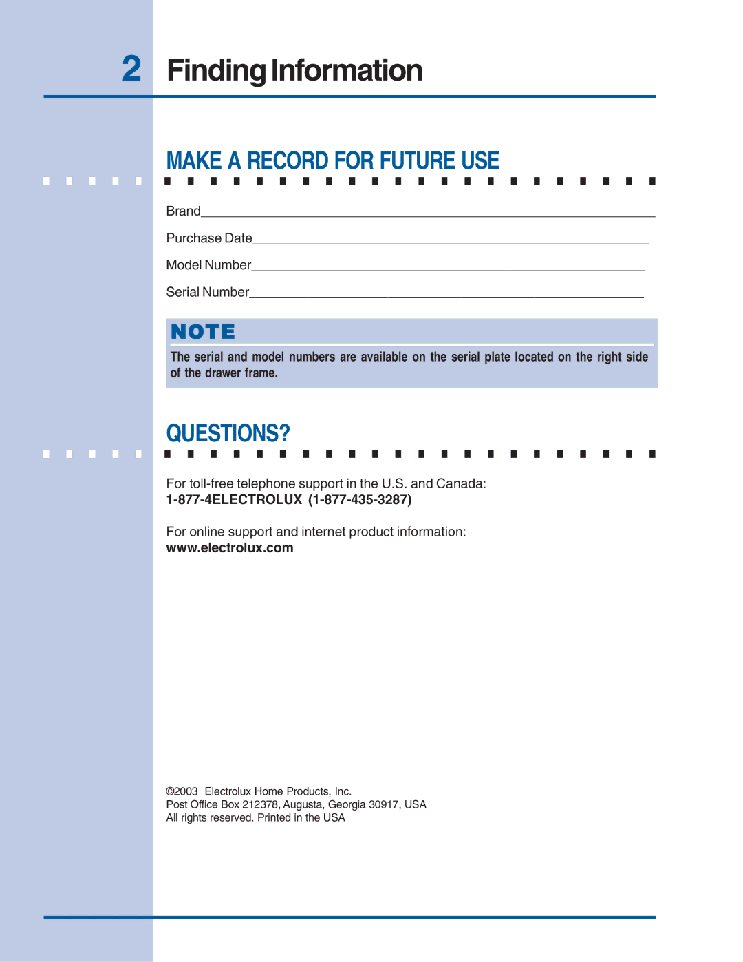 Electrolux Warmer Drawer manual Finding Information, Make a Record for Future USE, Questions? 