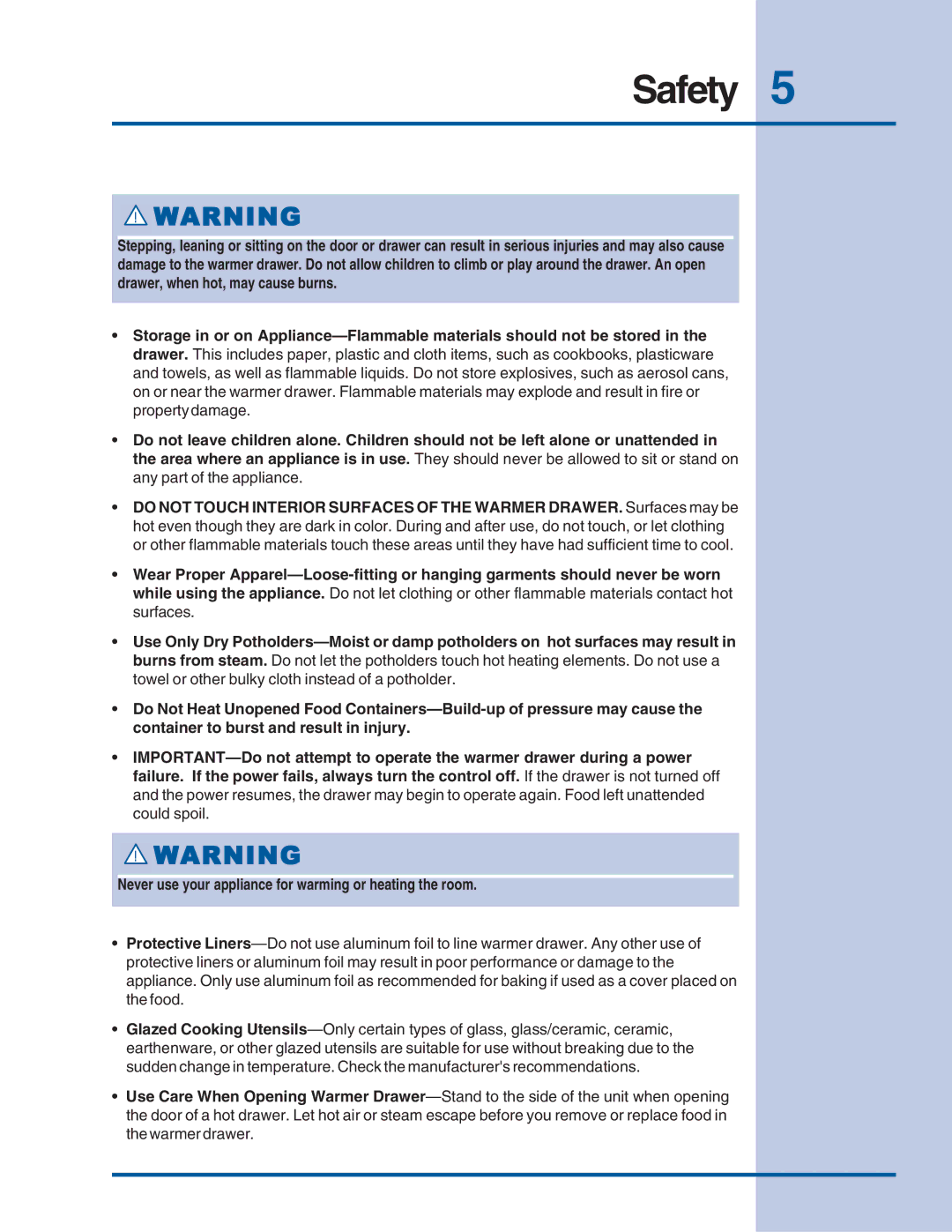 Electrolux Warmer Drawer manual Safety 