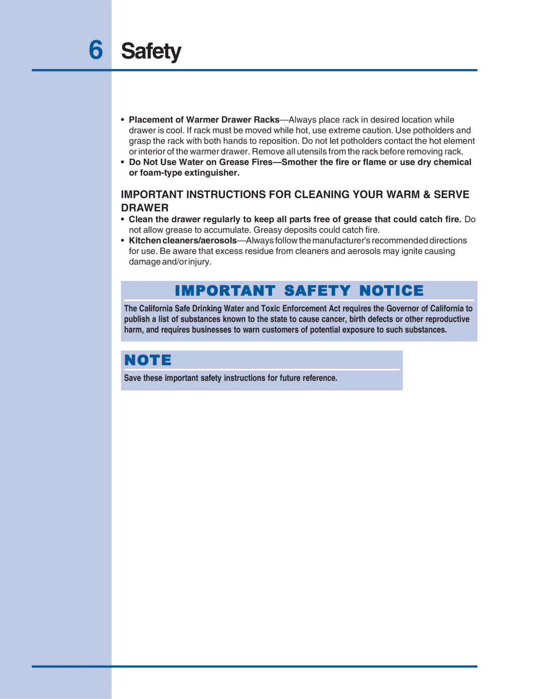 Electrolux Warmer Drawer manual Important Safety Notice 