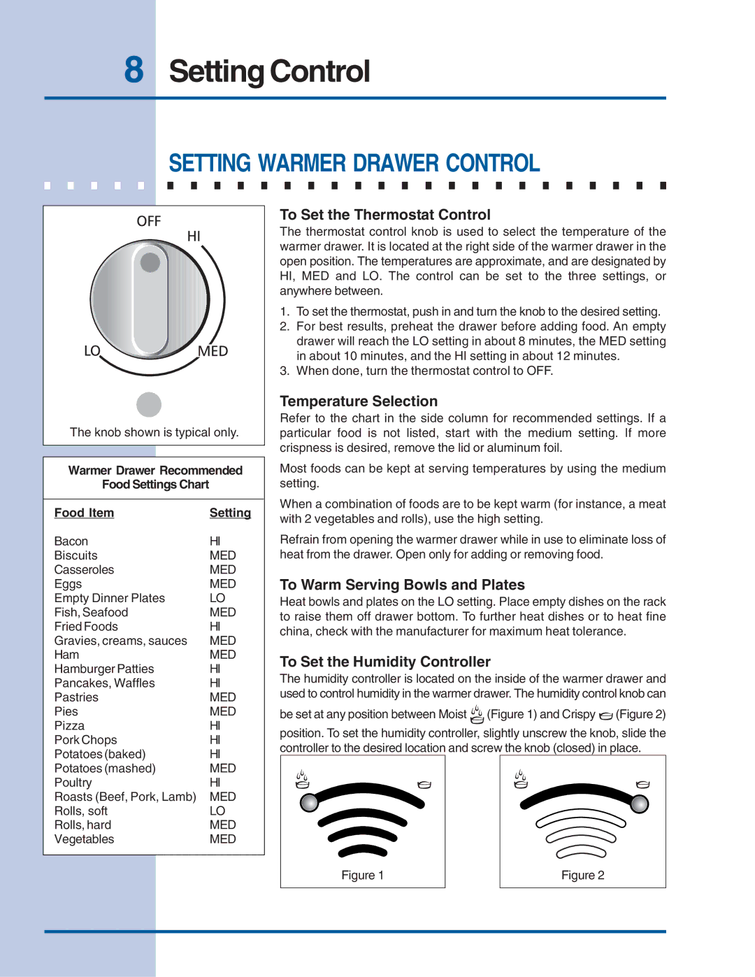 Electrolux Warmer Drawer manual To Set the Thermostat Control, Temperature Selection, To Warm Serving Bowls and Plates 