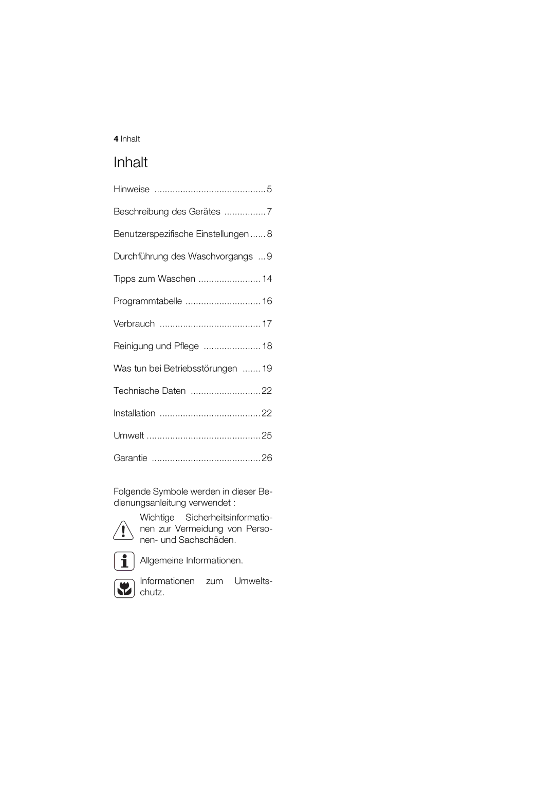 Electrolux WASL3T100 user manual Inhalt, Durchführung des Waschvorgangs 