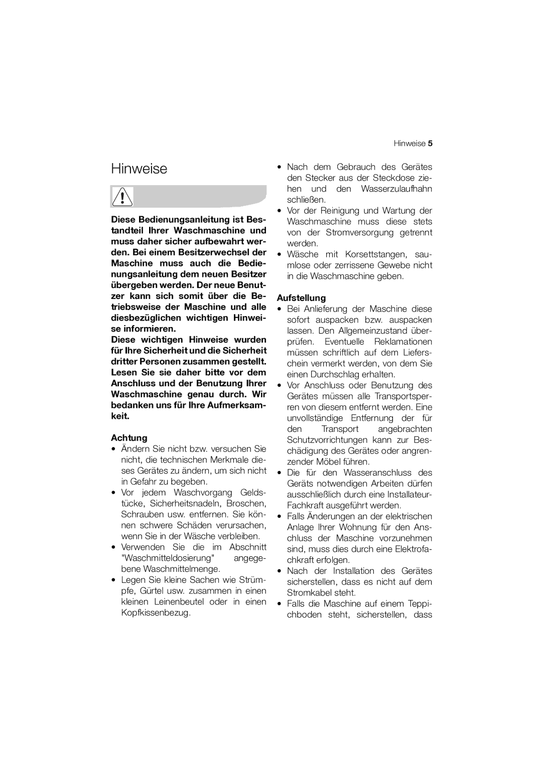 Electrolux WASL3T100 user manual Hinweise, Achtung, Aufstellung 