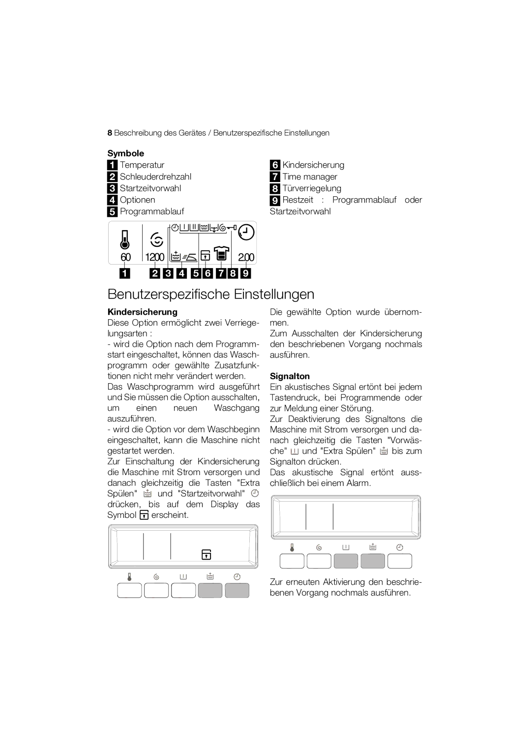 Electrolux WASL3T100 user manual Benutzerspezifische Einstellungen, Symbole, Kindersicherung, Signalton 