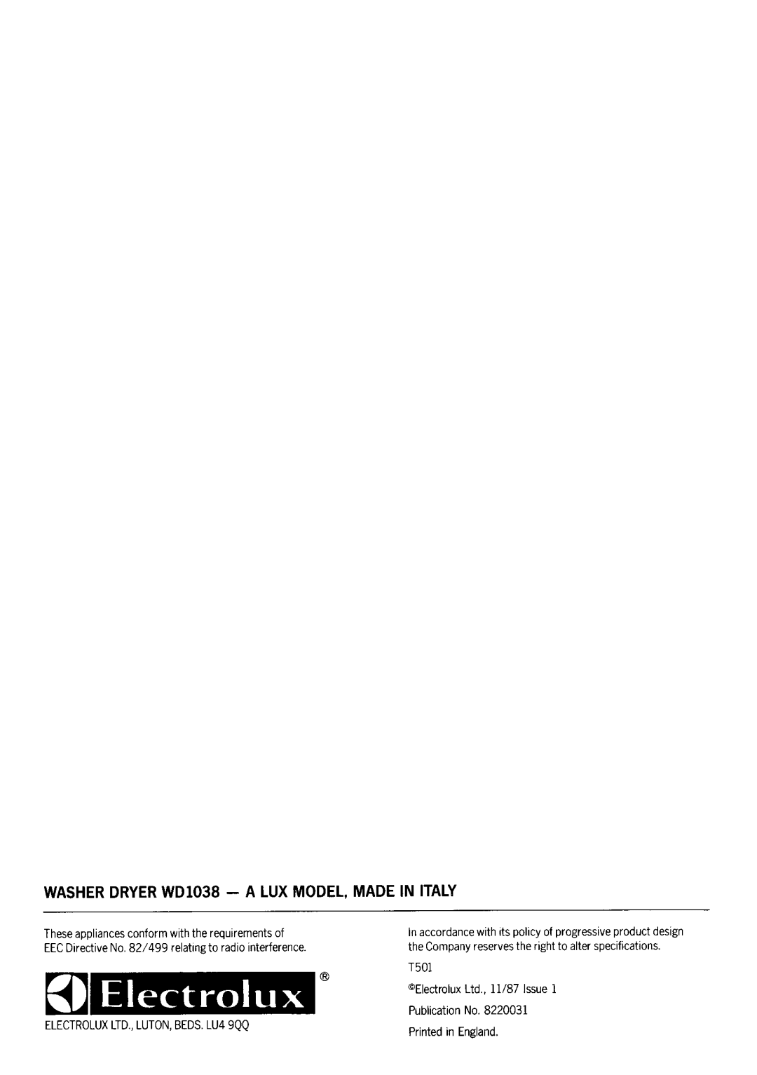 Electrolux WD1038 manual 