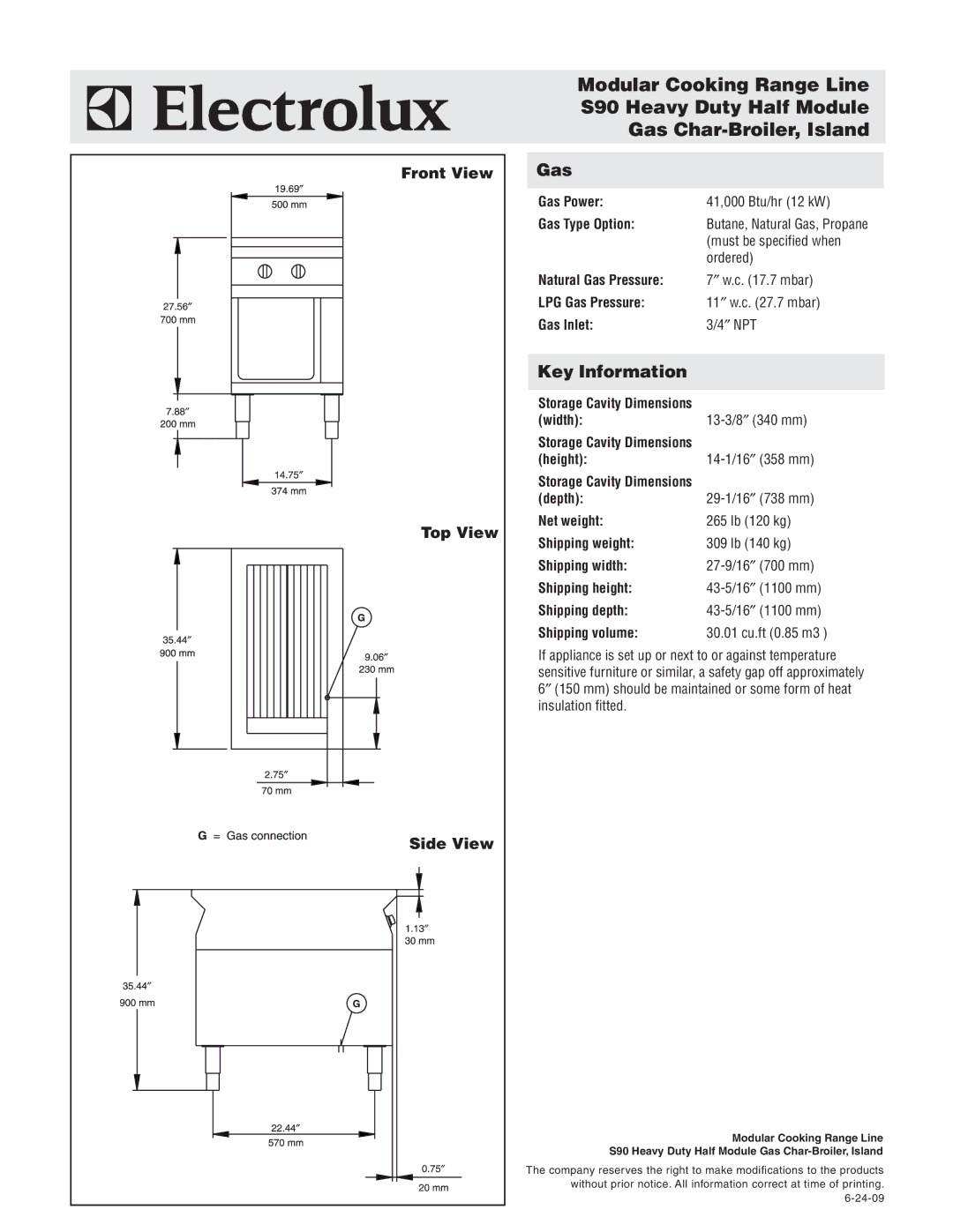 Electrolux WDGRAAOOOO, 584090 warranty Gas, Key Information, Front View, Top View, Side View 