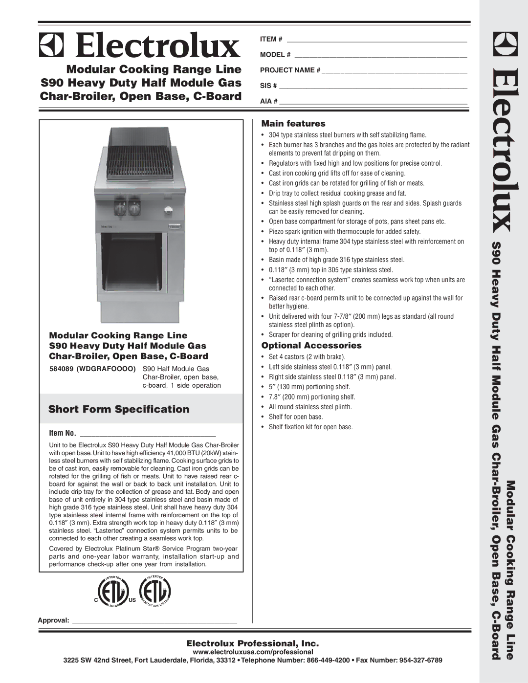 Electrolux 584089 warranty Modular Cooking Range Line, S90 Heavy Duty Half Module Gas, Char-Broiler, Open Base, C-Board 