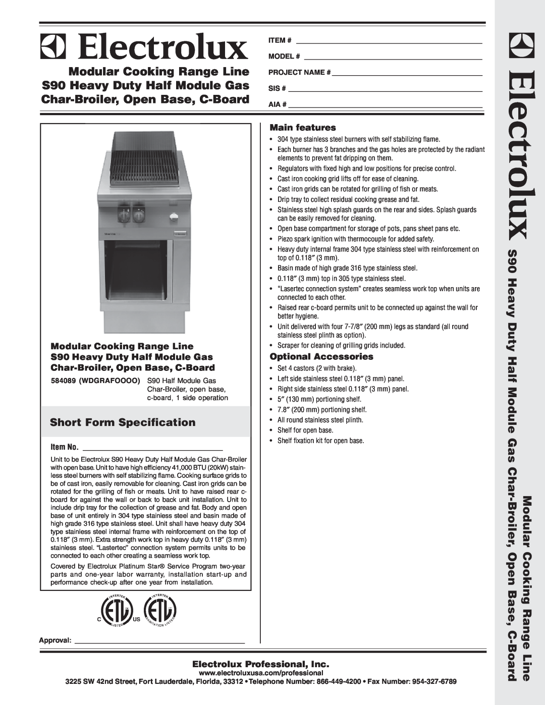 Electrolux 584089 warranty Short Form Specification, Modular Cooking Range Line S90 Heavy Duty Half Module Gas, Item # 