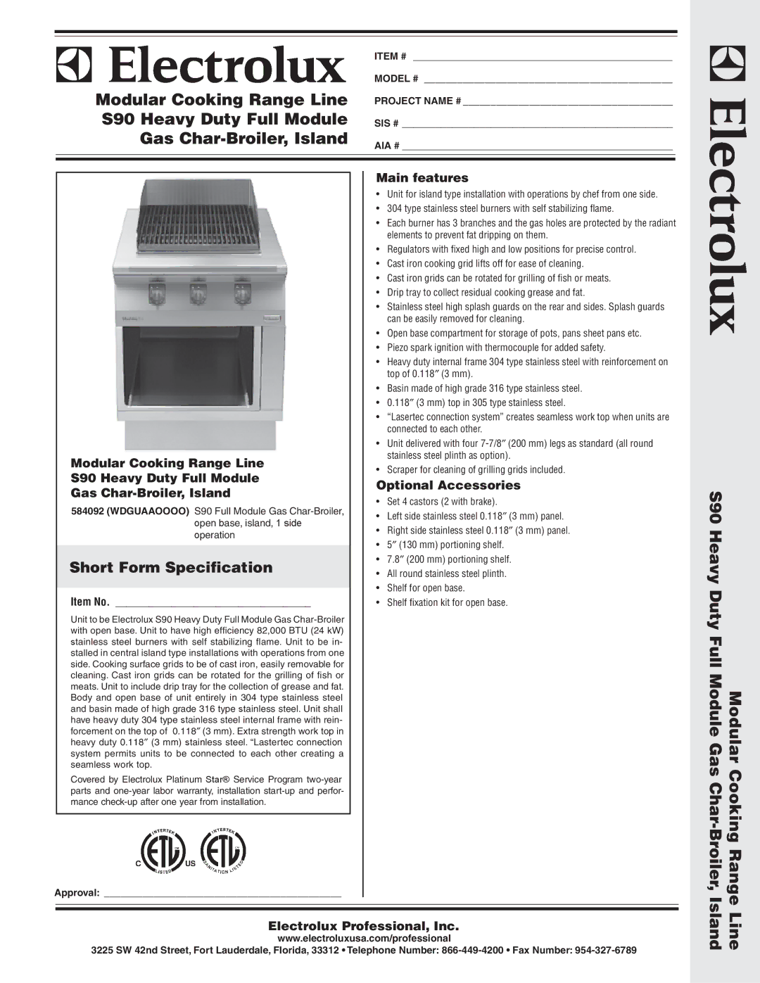 Electrolux 584092 warranty Modular Cooking Range Line, S90 Heavy Duty Full Module, Gas Char-Broiler, Island, Line Island 