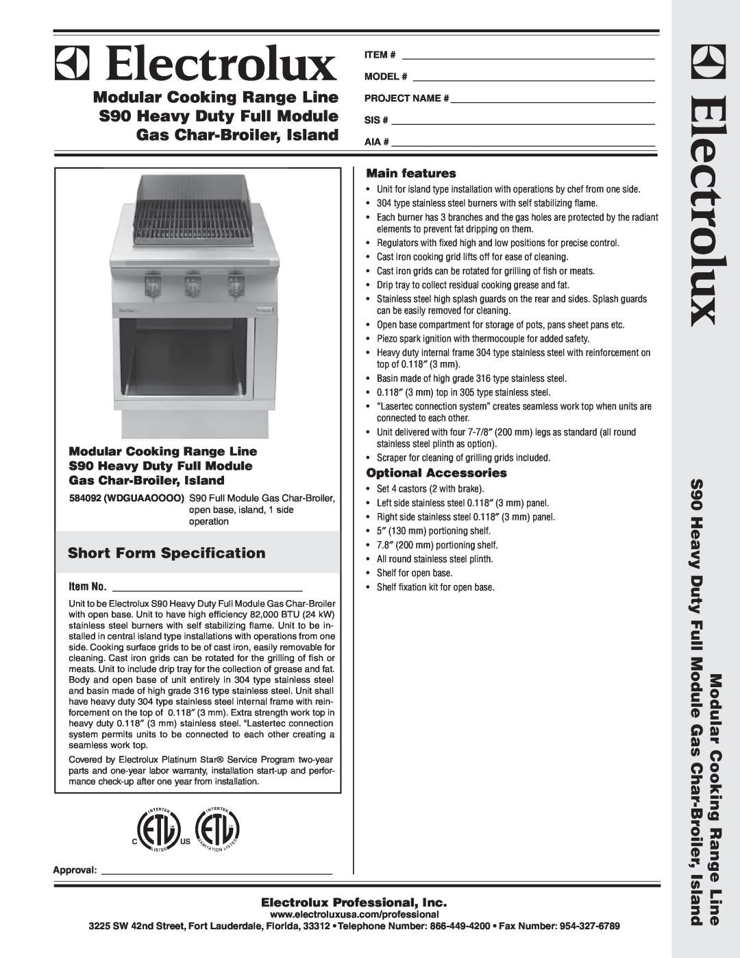 Electrolux 584092 warranty Short Form Specification, Modular Cooking Range Line S90 Heavy Duty Full Module, Main features 