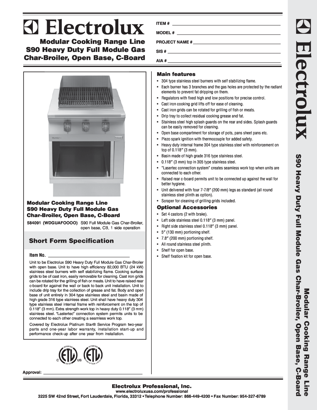 Electrolux 584091 warranty Short Form Specification, Modular Cooking Range Line S90 Heavy Duty Full Module Gas, Item # 
