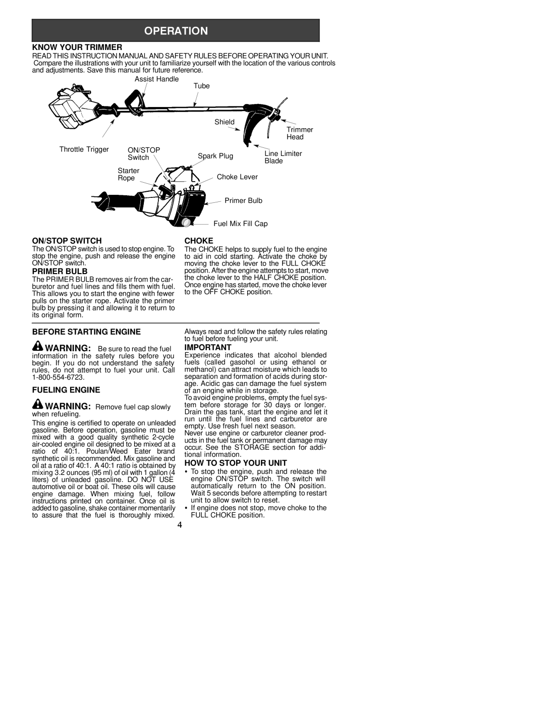 Electrolux WEEDEATER Know Your Trimmer, ON/STOP Switch Choke, Primer Bulb, Before Starting Engine, Fueling Engine 