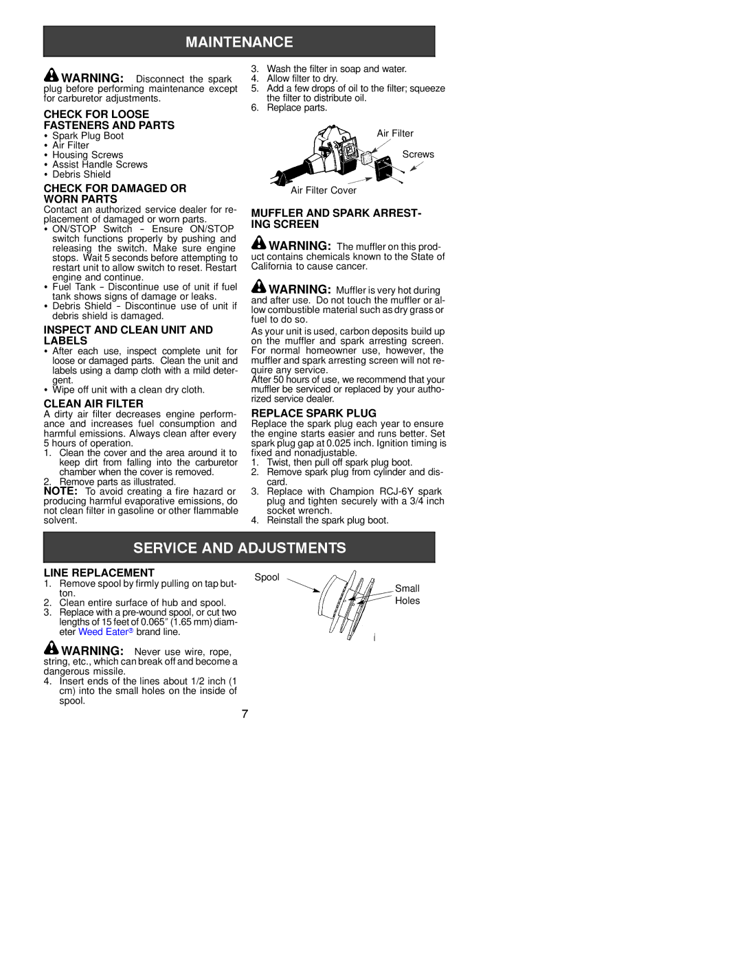 Electrolux WEEDEATER Check for Loose Fasteners and Parts, Check for Damaged or Worn Parts, Clean AIR Filter 