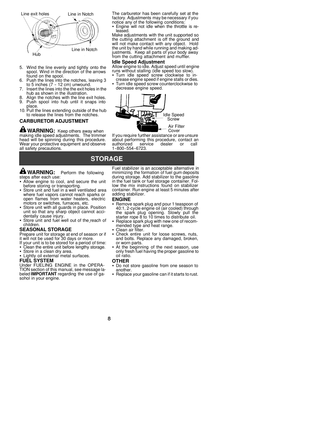 Electrolux WEEDEATER instruction manual Carburetor Adjustment, Seasonal Storage, Fuel System, Engine, Other 