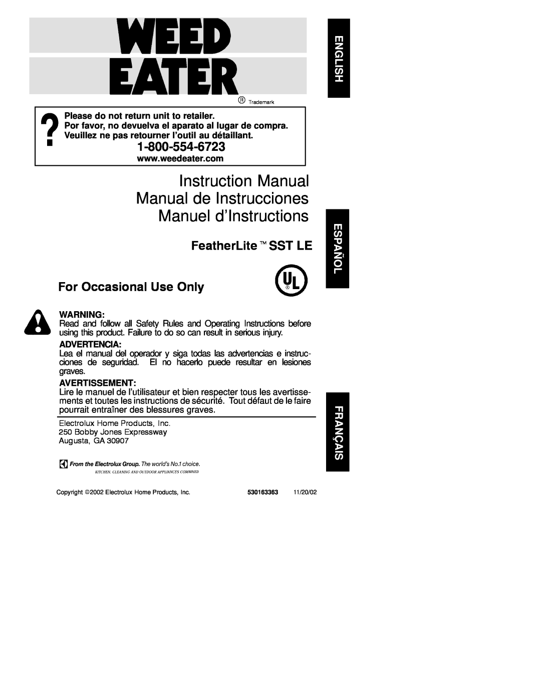 Electrolux WEEDEATER instruction manual Please do not return unit to retailer, Advertencia, Avertissement 