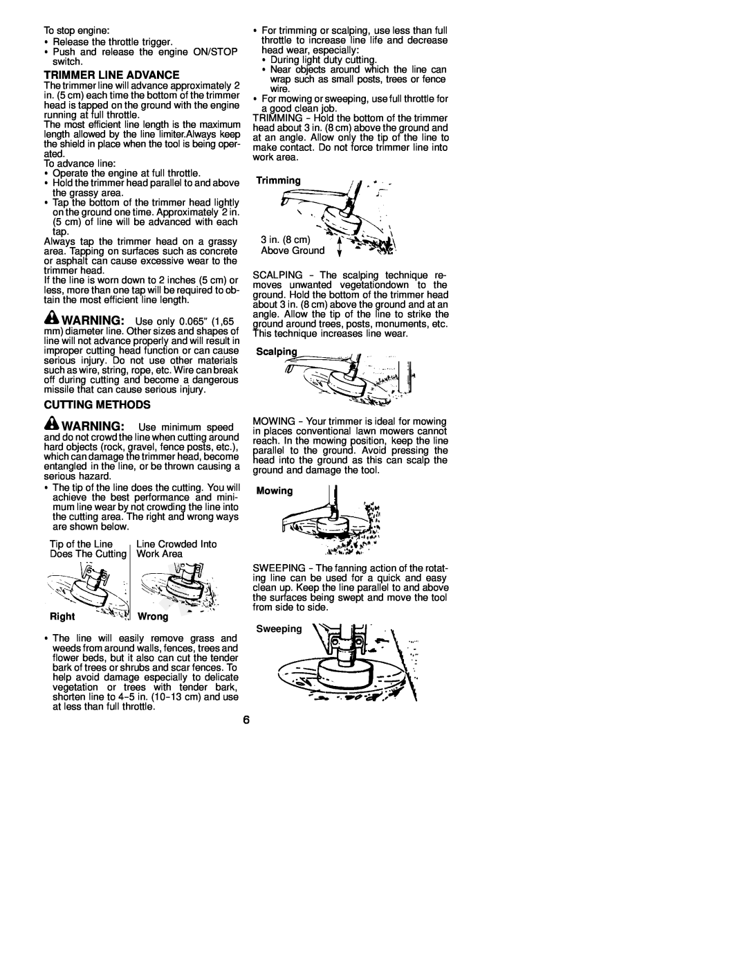 Electrolux WEEDEATER instruction manual Trimmer Line Advance, Cutting Methods, Trimming, Scalping, Right, Mowing, Sweeping 