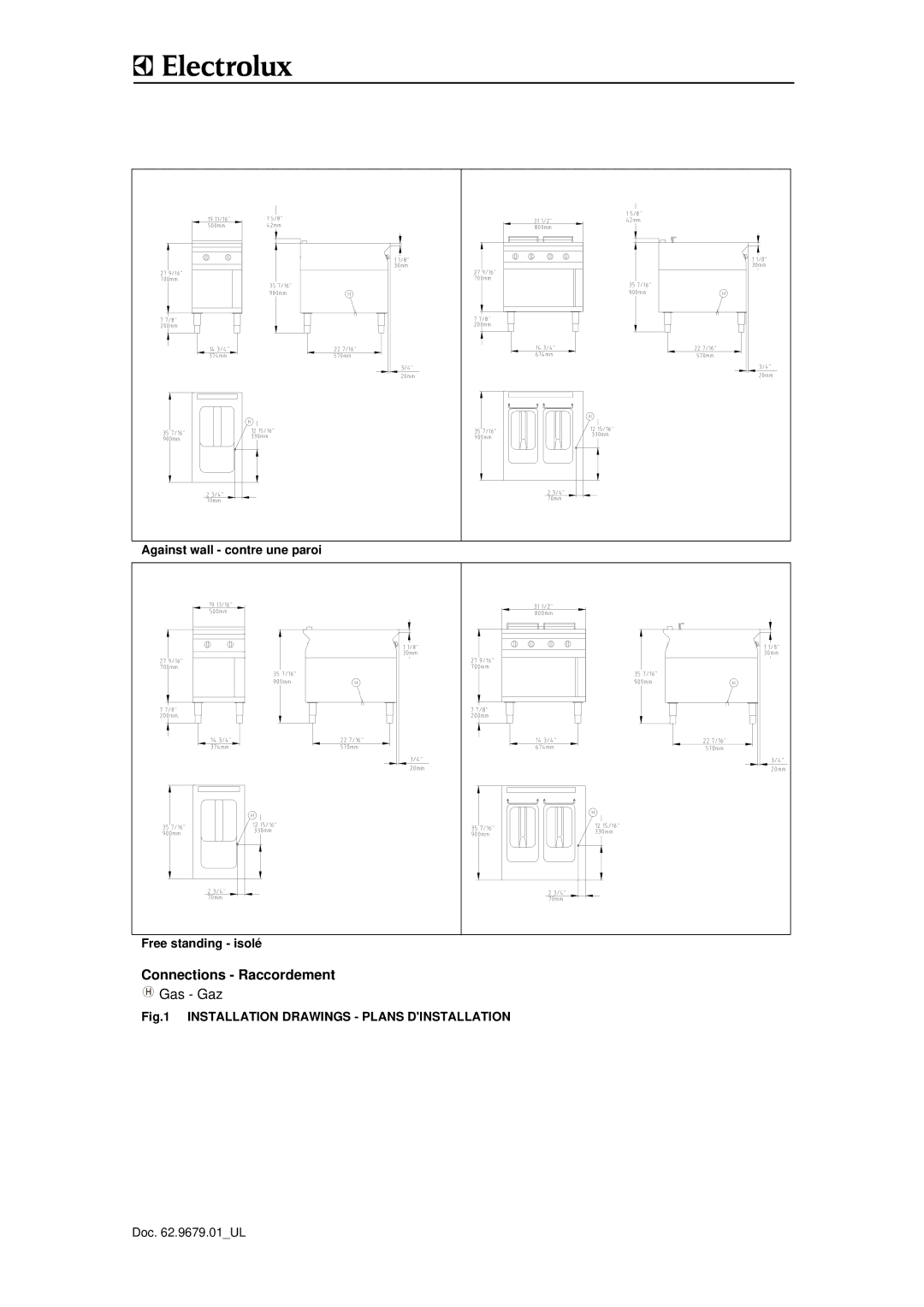 Electrolux WFGROFOOOO, WFGUOAOOOO, WFGUOFOOOO manual Connections Raccordement, Installation Drawings Plans Dinstallation 