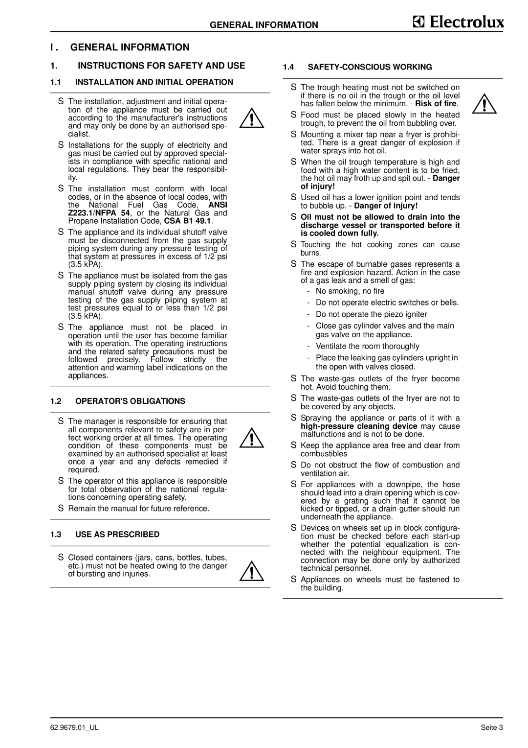 Electrolux 9CHG584104, WFGUOAOOOO, WFGUOFOOOO, WFGROFOOOO, WFGROAOOOO General Information, Instructions for Safety and USE 