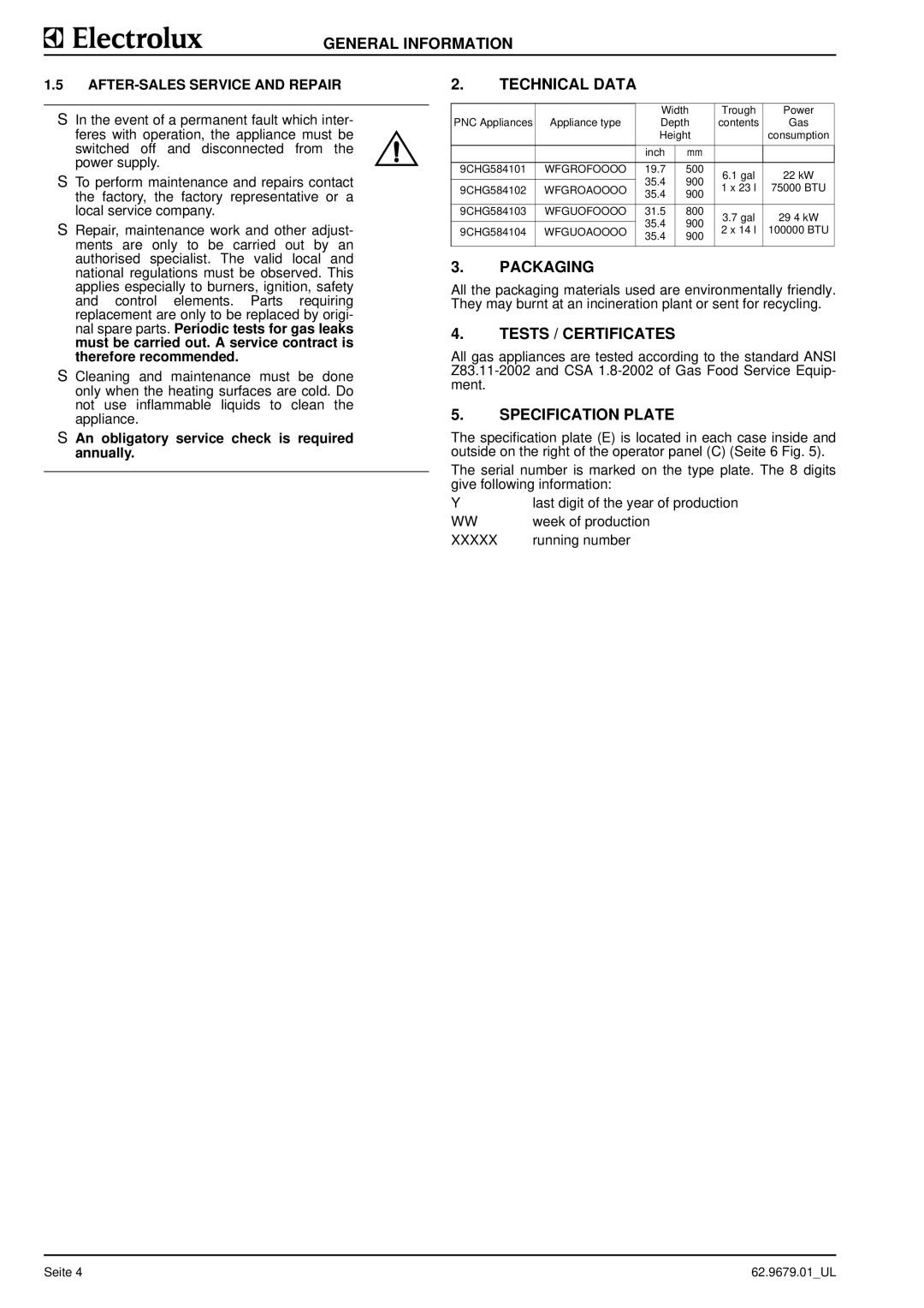 Electrolux 9CHG584103 Technical Data, Packaging, Tests / Certificates, Specification Plate, AFTER-SALES Service and Repair 