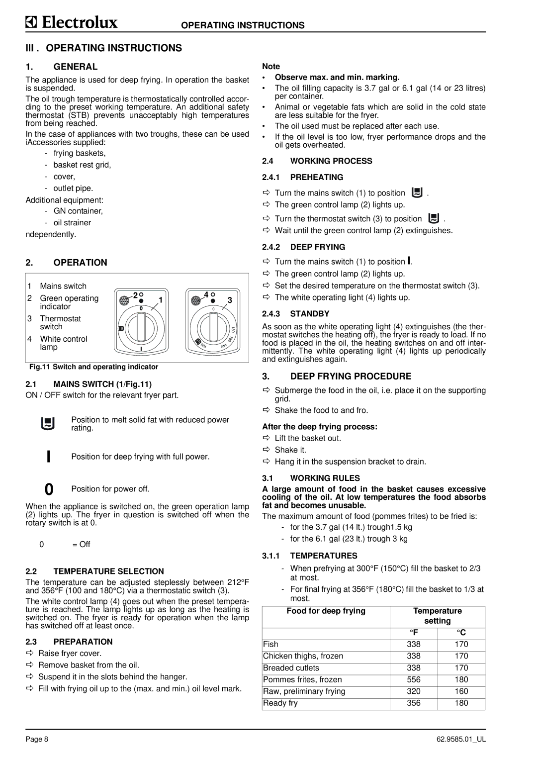 Electrolux 9CHG584095, WFXUOAOOOO, WFWUOFOOOO manual III . Operating Instructions, General, Operation, Deep Frying Procedure 