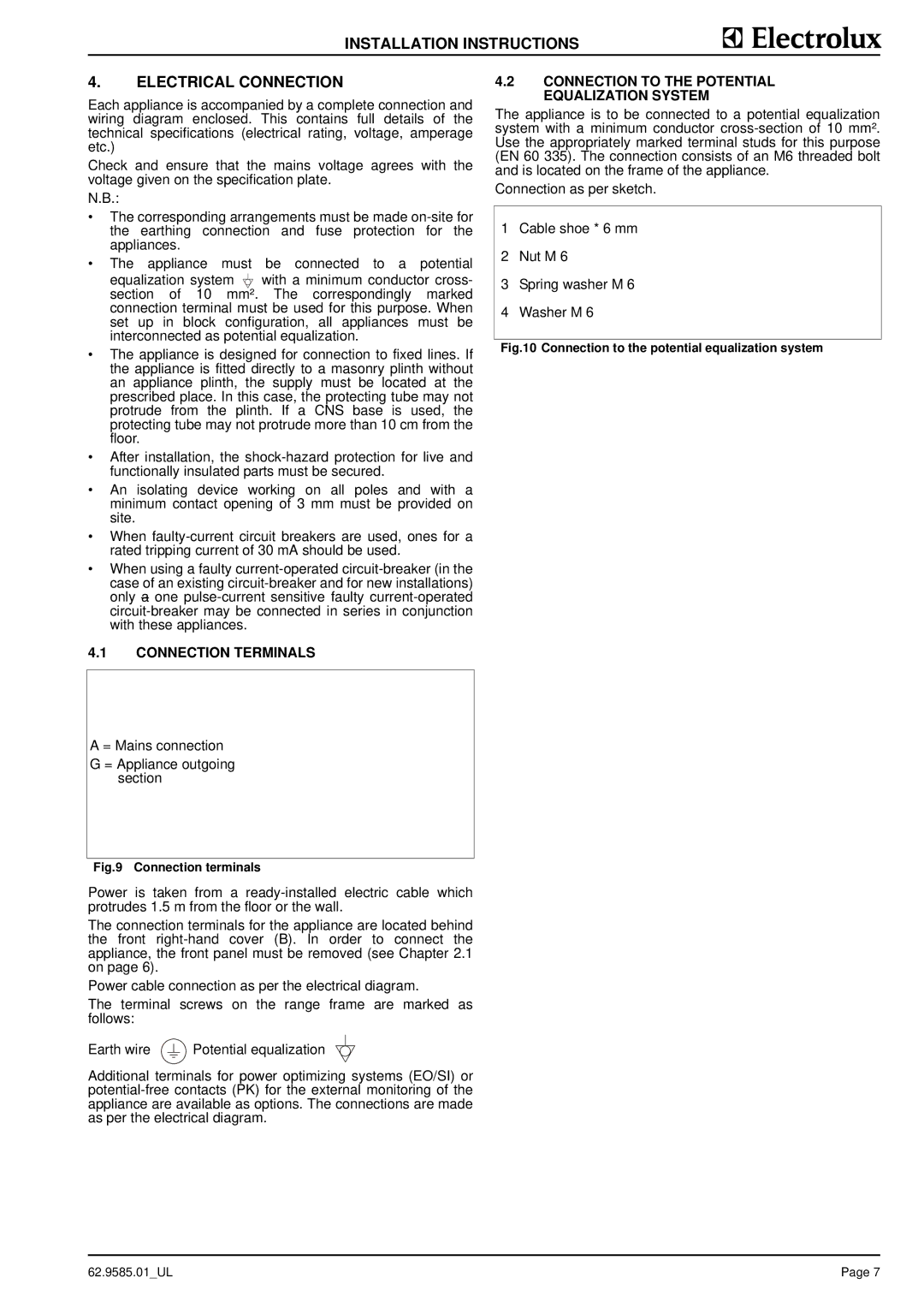 Electrolux 9CHG584099, WFXUOAOOOO, WFWUOFOOOO, 584094 Installation Instructions Electrical Connection, Connection Terminals 