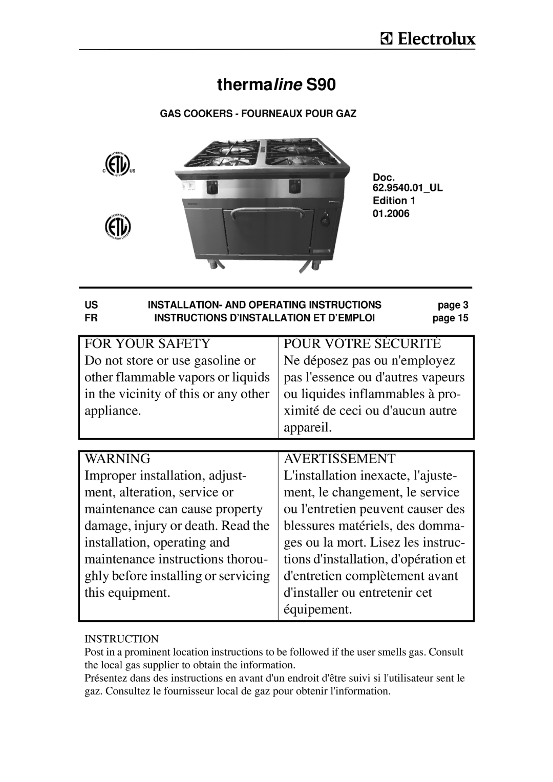 Electrolux WGGWABQQOO, WGGWDBQQOO, WGGWDAQQOO, WGGRAAQOOO, WGGRABQOOO manual Thermaline S90, GAS Cookers Fourneaux Pour GAZ 