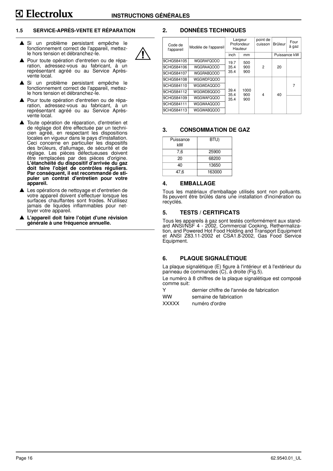 Electrolux 584113, WGGWDBQQOO Données Techniques, Consommation DE GAZ, Emballage, Tests / Certificats, Plaque Signalétique 